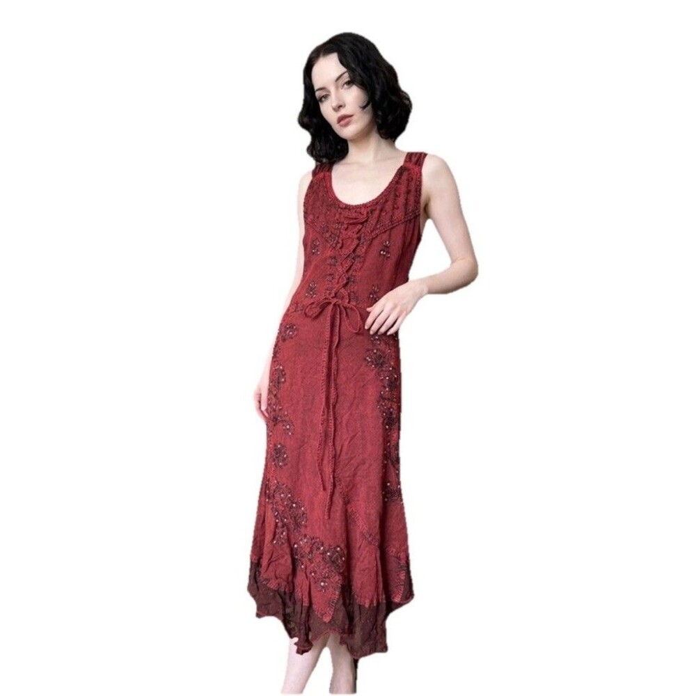 Sleeveless Embellished Midi Dress in Deep Red